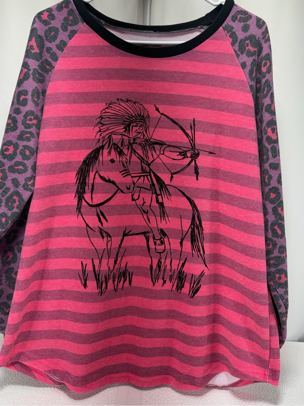 Crazy Train Pink Striped Raglan Top with Leopard Sleeves 4592